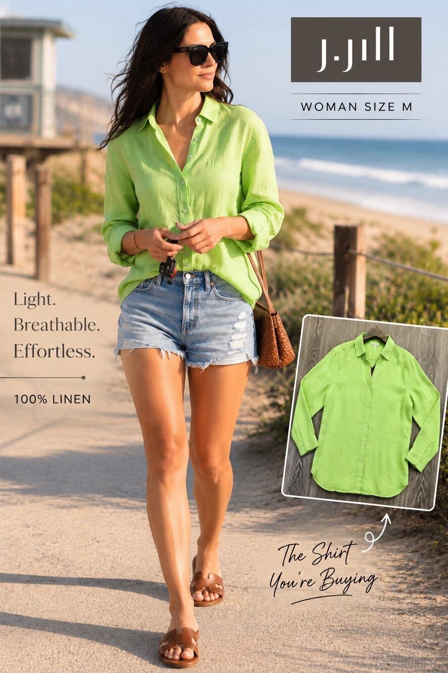 J. Jill Women’s Petite M Green Solid Linen Woven Button-Up Collared Long Sleeve